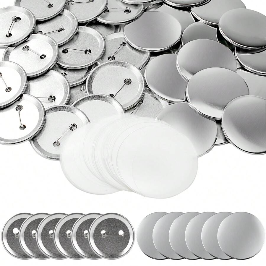 200 Sets Button Maker Supplies – 58mm/2.28" Button Parts Kit – Includes Metal Shells, Pin Back Covers & Transparent Films – Compatible With Badge Making Machines – DIY Craft Supplies - Silver - View 1