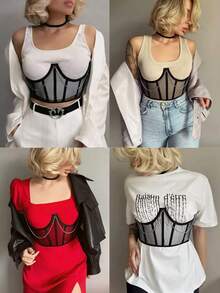 1 pièce Top bustier transparent en maille, corset pour femmes avec laçage et baleines en acier, avec large ceinture de taille, cincher sous-buste, convient pour être porté avec un t-shirt ou une robe - Noir - Voir 5