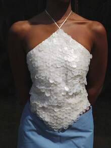 Women Sequin Glitter Tops Sleeveless Halter Tie Back Backless Tank Tops Sparkly Party Rave Going Out Top - 白色 - 查看 4