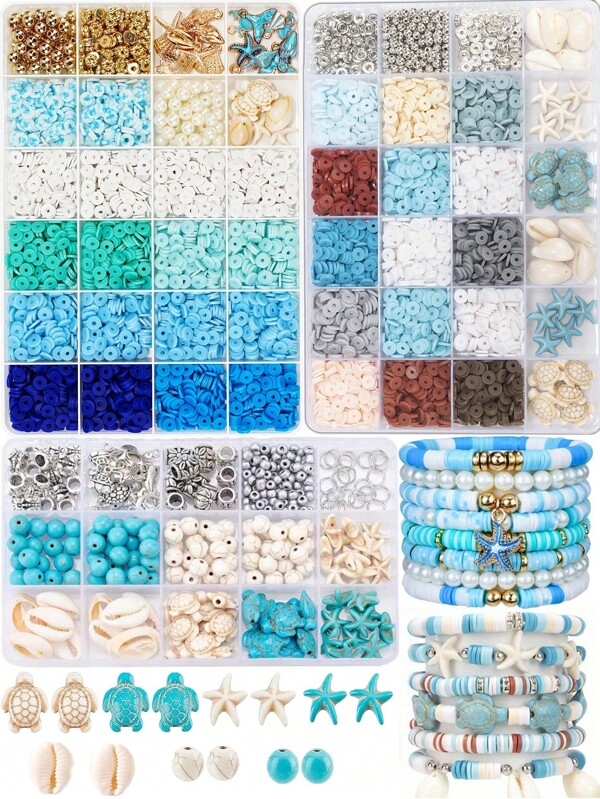 1 Box Ocean Themed Beading Set, Summer Holiday Style Friendship Bracelet Making Kit, Clay Beads Set For Jewelry Making DIY - Bracelets, Necklaces, Earrings, Craft Gifts