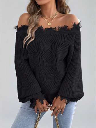 女式露肩休闲宽松纯色长袖套头毛衣上衣，秋冬