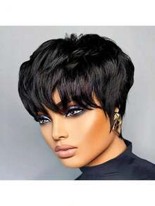 Short Bob Wig For Women Pixie Cut Wigs Glueless Wig None Lace Front Wig With Bangs Natural Black Straight Full Machine Made Short Layered For Daily Use - Black - View 5