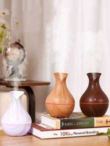 Difusor de Aromaterapia y Humidificador en Jarrón USB con 200ml de vapor frío y luz nocturna, Diseño Mini Portátil Silencioso, Alimentado por USB para Dormitorio, Escritorio, Oficina, Hogar - Refresca el Aire, Difusor de Aromaterapia, Decoración de Escritorio, Jarrón Decorativo - Veta de madera oscura - Ver 2