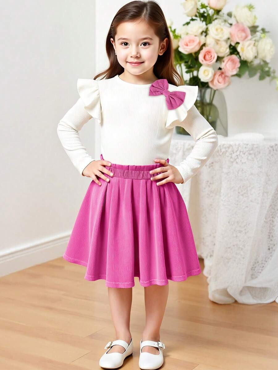 Blusa de manga larga con volantes y moño blanco + Falda plisada de pana fucsia para niñas, apta para primavera/otoño, uso diario, fiesta, escuela - Rosa Fucsia - Ver 1
