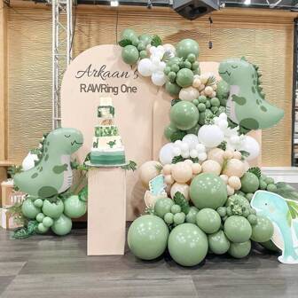 96pcs Dinosaur Birthday Party Decorations, Assorted Sizes 5inch/10inch/12inch Avocado Green, Blue, Nude Balloons, Garland, Arch Set, Cartoon Dinosaur Foil Balloons Suitable For Dinosaur Jungle Theme Shower, Birthday, Anniversary, Dinosaur Party Decor