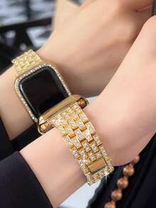 1pc Compatible With Apple WatchBand Women Apple WatchStrap 38mm 40mm 41mm 42mm 44mm 45mm 46mm 49mm,Ladies' Gold Jewelry Shiny Diamonds And Rhinestones To Replace The Metal Strap Is Compatible With Apple Watch Ultra 2/Ultra Series11/10/9/8/7/6/5/4/3/2/1/SE, Compatible With AppleWatch Accessories.Smart Watch Band - Gold - View 6
