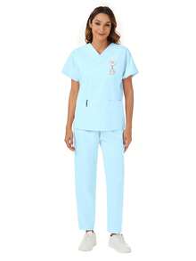 两件套 V 领口袋短袖上衣和裤子 休闲家居服 春季 - 淺藍色 - 查看 2