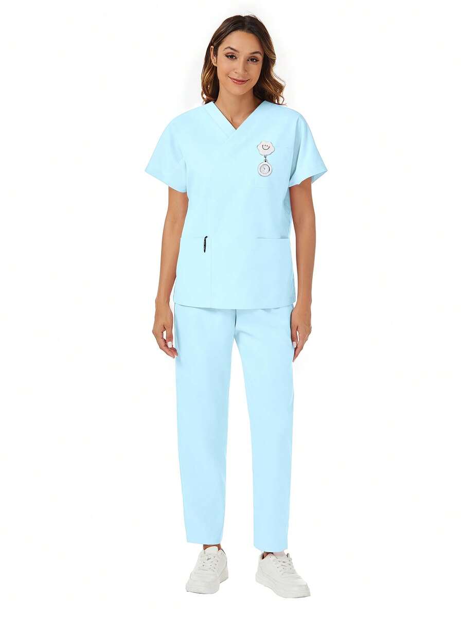 两件套 V 领口袋短袖上衣和裤子 休闲家居服 春季