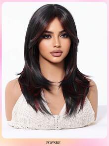 Confident And Generous 18-Inch Red Highlight Black Medium To Long Hair With Bangs,Heat-Resistant Synthetic Wigs For Women,Suitable For Work, Daily Life, And Gatherings - Red Highlight - View 4