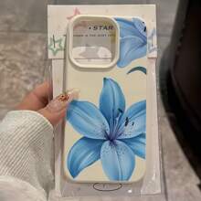 1pc White Leather Texture Floral Pattern Phone Case, Minimalist Blue Flower Design, Personalized Compatible With Apple 16 Pro Max, 15, 14 Plus, 13, 12, 11 Protective Cover Waterproof Shockproof Anti-Fall Scratch Resistant