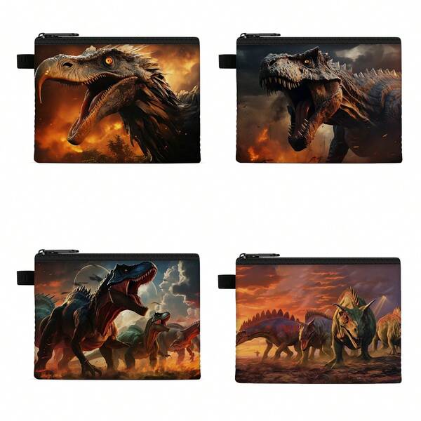 4pcs 3D Roaring Dinosaur Printed Mini Coin Purse, Fresh Mini Wallet Coin Pouch, Double-Sided Print, Zipper Closure Elegant Gift, Holiday Party Children's Day Back To School Gift For Boys And Girls