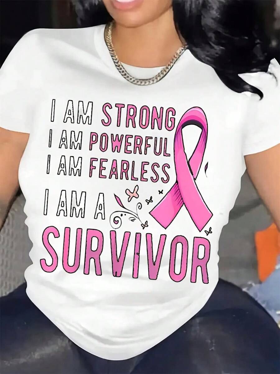 Breast Cancer Survivor Pink Ribbon Graphic Plus Size T-Shirt - Women's Casual Short-Sleeved Round Neck Slightly Stretch Pure Cotton Fabric Shirt, Regular Fit, Comfortable To Wear, Suitable For Daily Wear In All Seasons. - 白色 - 查看 1