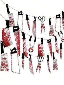1 Set (1 Pieza con 12 Cuchillos) Pancarta, Decoración de Fiesta de Halloween de PVC Pancarta Sangrienta, Decoración de Guirnalda de Terror, Suministros de Decoración de Tema de Película de Terror para Cumpleaños, Carnaval y Prop de Horror