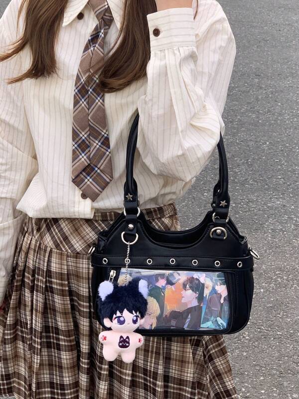 Y2K Rivet Design Large Capacity Transparent Badge Window Crossbody Bag, For Students