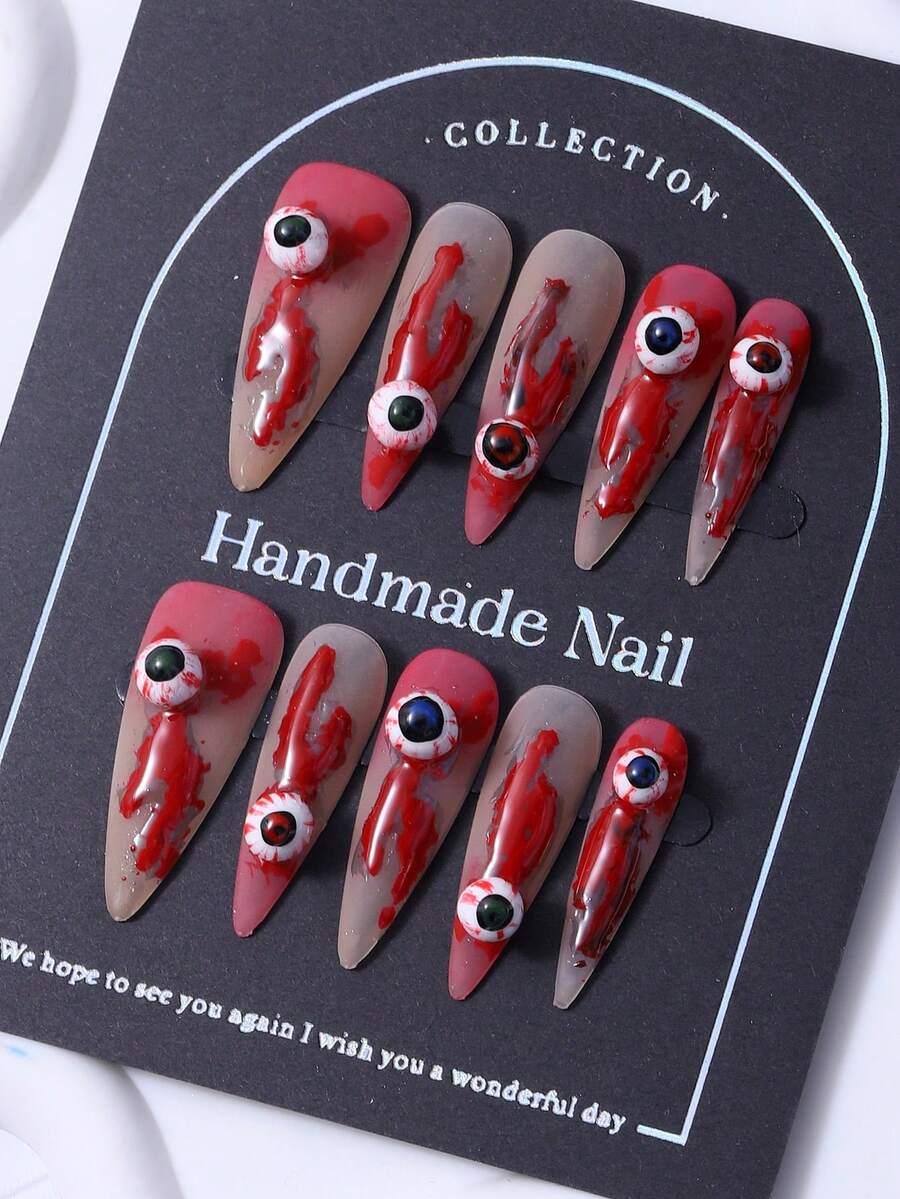 10 piezas/set Uñas postizas, puntas de uñas largas y puntiagudas, estilo Halloween, negro mate y rojo, ojos 3D, estilo Y2K, estilo chica caliente, lujo ligero, uñas hechas a mano puras, elegantes y atmosféricas, imprescindible para volver al colegio, adecuado para damas y niñas - Multicolor - Ver 1