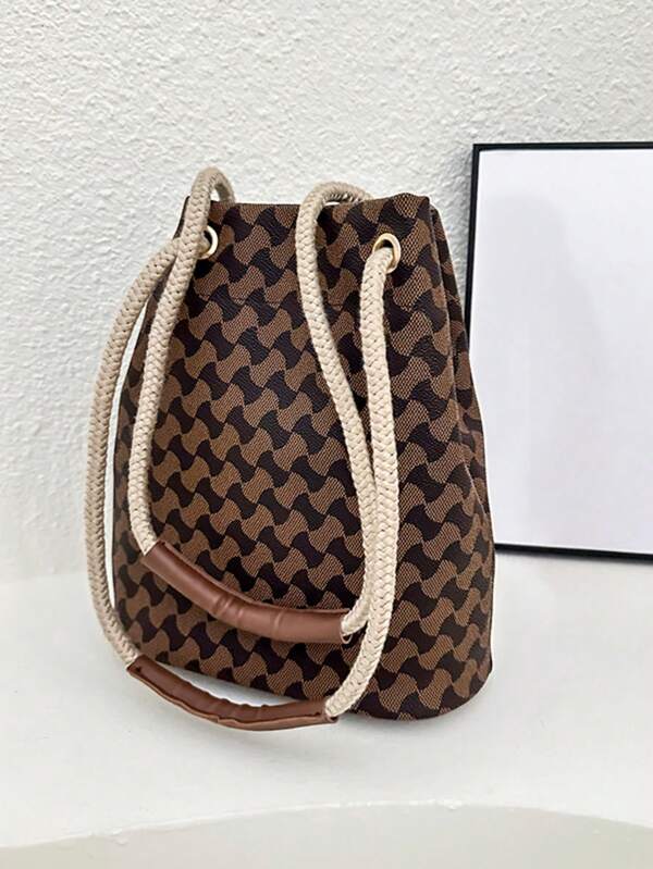 Sac seau à carreaux vintage pour femmes, sac à bandoulière polyvalent et décontracté avec sangle en corde, grande capacité pour un usage quotidien
