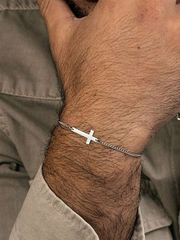 Men's 304 Stainless Steel Cross Bracelet - Minimalist Religious Jewelry For Everyday & Special Occasions, Christian Gift For Christmas, Father's Day, Valentine's Day - Durable Faith-Based Accessory, Spiritual Jewelry, Simple Chain Design, Polished Finish