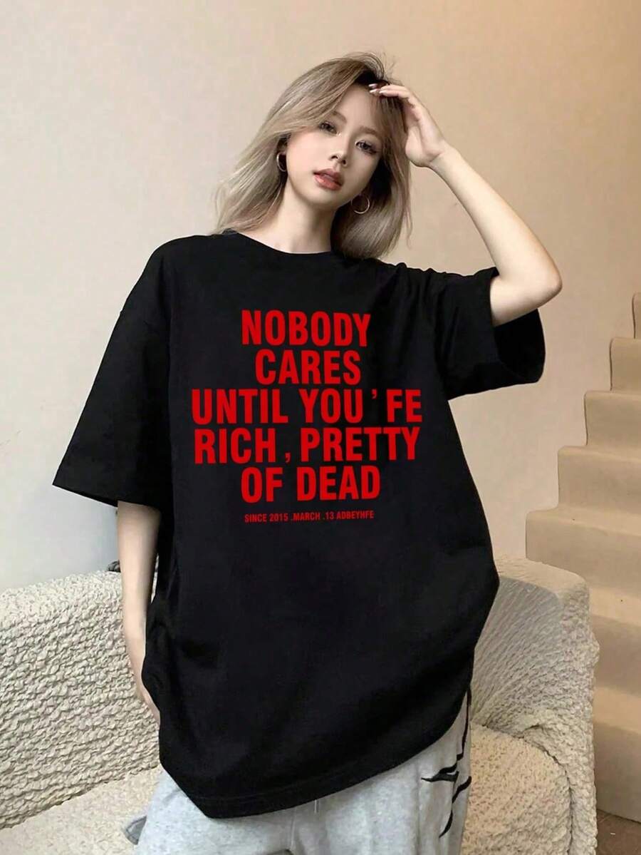 200g Cotton T Shirt Women's New Summer Short Sleeve Cotton Girl Pattern Printed Short Sleeve Round Neck Women's Round Neck Top For Couple - 黑色 - 查看 1