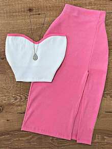 Summer Sexy Fitted Cold-Shoulder Strapless Top Paired With Bodycon Skirt Set, Knit Fabric 180G