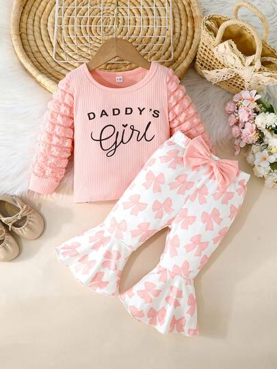 2pcs Baby Girls Letter Print Long Sleeve Top And Cow Pattern Bell-Bottom Pants Outfit, Casual Wear For Outdoor, Autumn'