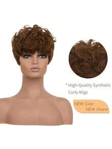 Black Short Pixie Cut Wigs For Black Women Short Wigs For Black Women Pixie Cut Curly Wig With Bangs Black Women Wigs - 棕色 - 查看 7