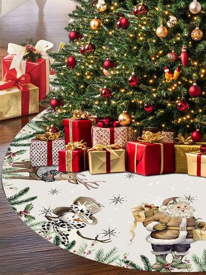 1 pezzo Gonna per albero di Natale, diametro opzionale 60/90cm, con decorazioni natalizie come agrifoglio, Babbo Natale vintage, renne e pupazzo di neve, decorazione per albero di Natale, decorazione natalizia per la casa, Buon Natale.
