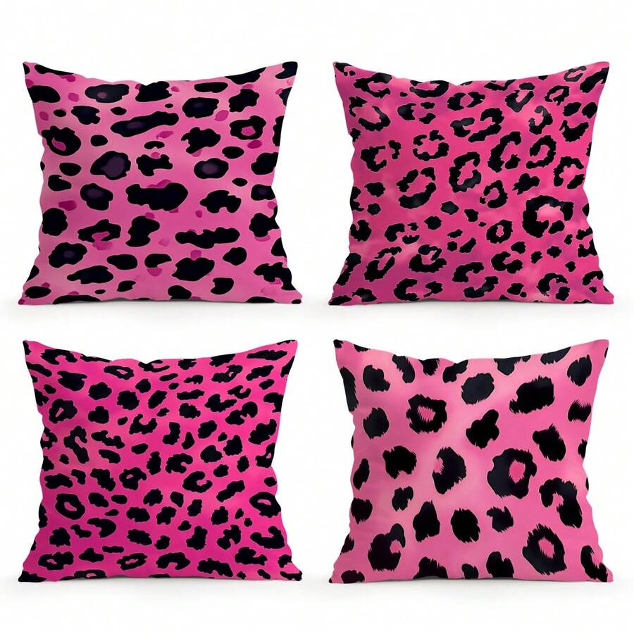 4pcs Pink Leopard Print Pillow Covers, Single-Sided Printed Cushion Covers, Suitable For Living Room, Bedroom, Home Decor, All Season - Multicolor - View 1