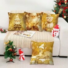 4 piezas Fundas de almohada con patrones de árbol de Navidad, muñeco de nieve y ciervos en dorado, diseño contemporáneo de tela suave de poliéster, adecuado para decoración de granja, vacaciones, sofá, sala de estar, decoración del hogar y regalos de Navidad
