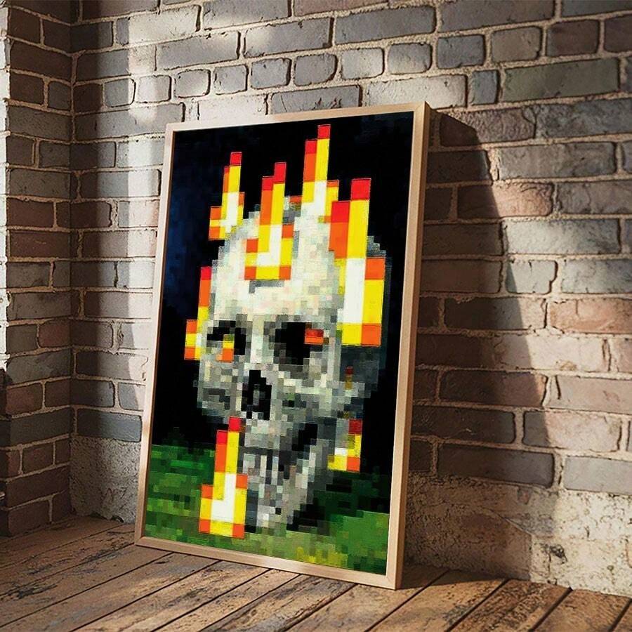 1 Stück/Set abstraktes Vitalitäts-Pixel-Schädel-Flammen-Leinwandposter, dekorativer Kunststil, Wandbilder für Innenräume, Poster und Drucksachen, Geschenkwandbilder, Schlafzimmer, Büro, Wohnzimmer, Café, Wanddekoration, Heim- und Studentenwohnungsdekoration, wahlweise mit Rahmen, Halloween-Dekoration, Herbstdekoration, Raumdekoration. - Verschiedenfarbig - Übersicht 1