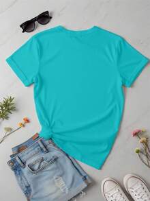 Playera camiseta básica mujer dama cuello redondo manga corta estampado GRAFICO DE CIUDADES NOMBRES DE CIUDAD LETTER CITY CALIFORNIA GRAPHIC parte superior elástica de poliéster primavera/verano uso diario | material no transparente | Textura Suave Fortiz - Azul menta - Ver 2