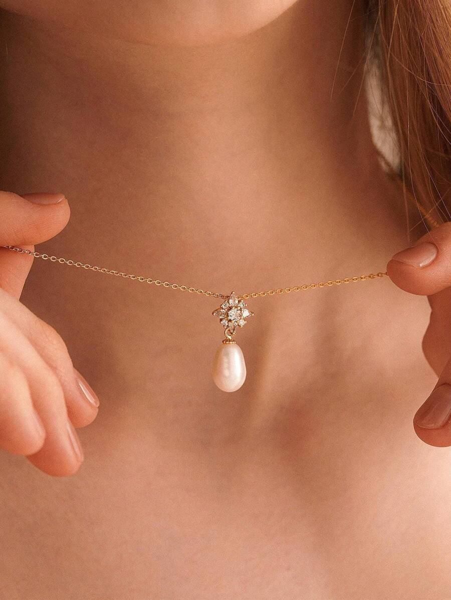 Tiny Handmade Freshwater Pearl Necklace, Double Layer Pearl Necklace, Gold Pearl Drop Necklace, Minimalist Necklace, Wedding Jewelry, Perfect Bridal Necklace Bridesmaid Gift, Christmas Gift For Her Daily Necklace - Pearl and  Flower Necklace - View 1