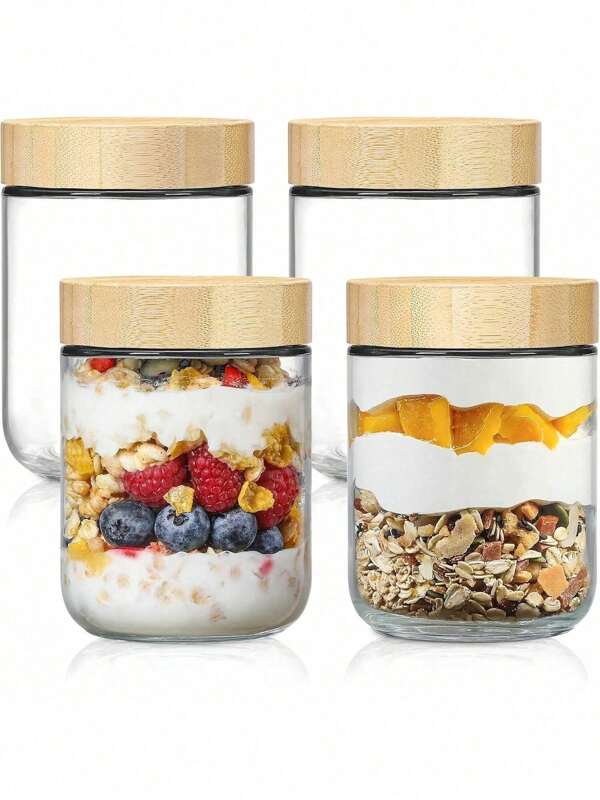 1/4pcs 16oz Glass Jars With Airtight Lids, Overnight Oats Container With Bamboo Lid, Wide Mouth Mason Salad Jars, Glass Food Storage Containers For Nuts, Snacks, Yogurt, Spices, Sugar - Great Gift For Friends