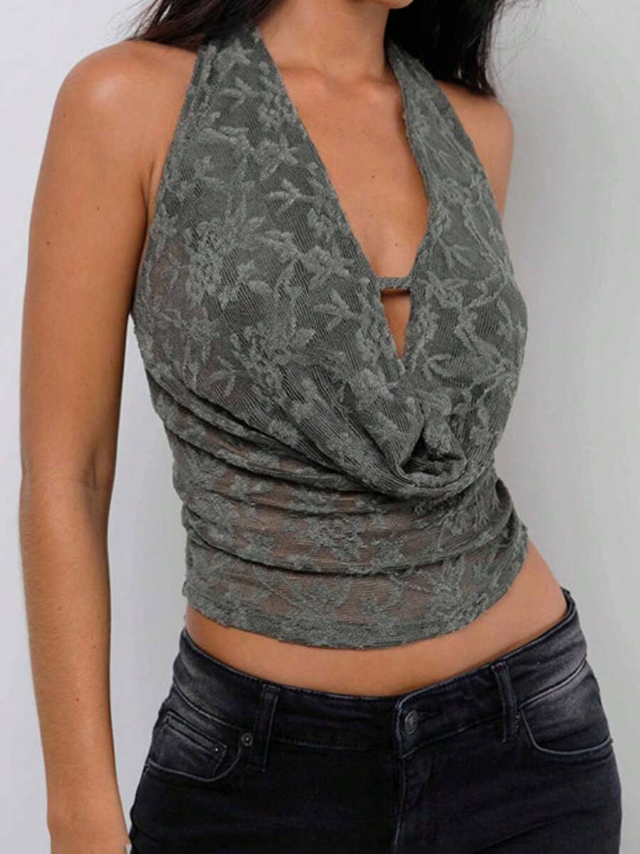 Women's Halter Neck Lace Tops Sleeveless Open Back Draped Front Slim Fit Cami Tops Summer Shirts - Dark Green - View 1