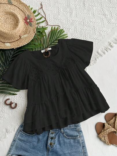 Rusttydustty 女士白色V领短袖叠层下摆衬衫，波西米亚风格，适合海滩、夏威夷音乐节和热带度假，黑色夏季