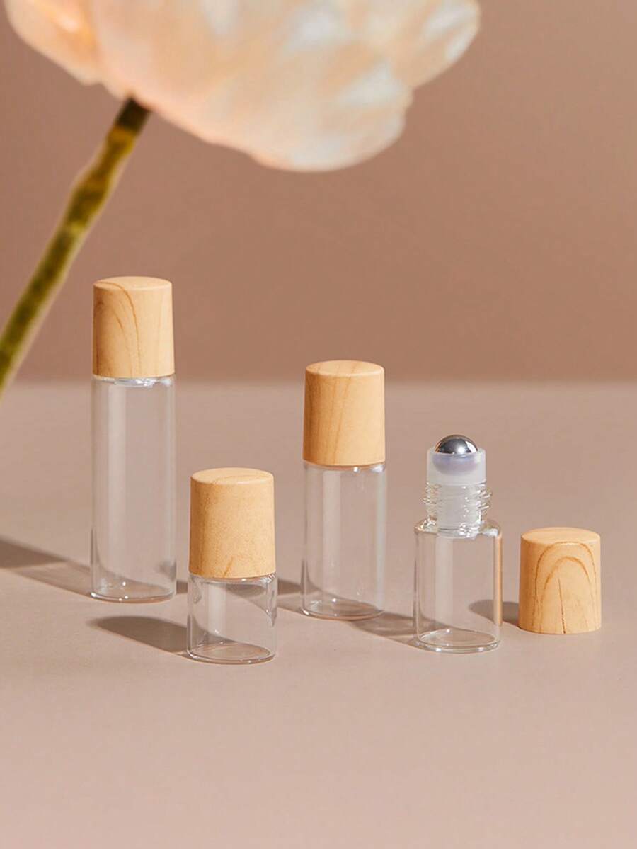玻璃 1/2/3/5/10ml 滚珠瓶空滚珠精油瓶香水样品分配瓶带钢球和木纹盖透明小瓶旅行必需品，3 件装旅行必需品，适合度假旅行瓶