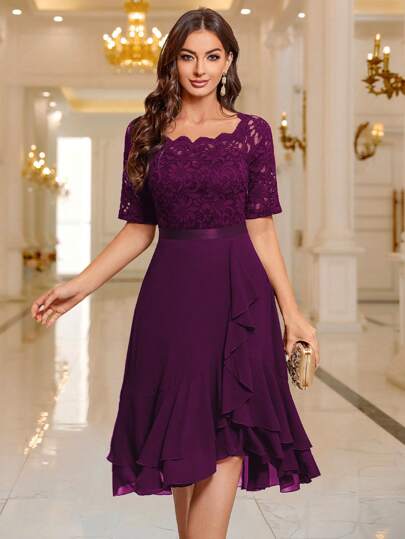 MIUSOL Boat Neck Floral Lace Patchwork Ruffle Hem Cocktail Party Wedding Guest Dress