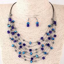 3PCS/Set Bohemian Multi-Layered Necklace Earrings Set Beads Jewelry Set Block Mix And Match Necklace Women's Wedding Beach Banquet Party Clothing Accessories Mother's Day Valentine's Day Wedding Anniversary Birthday Gift Halloween Christmas Gift - 藍色 - 查看 5