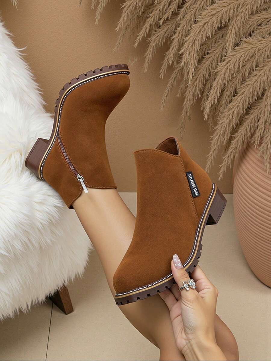 Botas Chelsea de tobillo marrones,Botas cortas de tacón de bloque con cremallera lateral marrón para mujer, estilo retro de tacón bajo, adecuadas para otoño e invierno. - Marrón - Ver 1