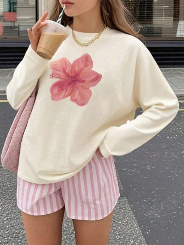 1pc Girls' Casual Floral Print Round Neck Long Sleeve T-Shirt, Autumn Student Young Clothing - Floral Print Eye-Catching T-Shirt