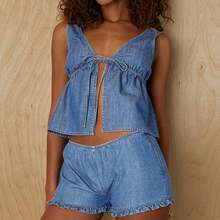 Women's 2 Piece Denim Outfits Deep V Neck Tie Front Sleeveless Tank Tops Elastic Waist Ruffle Hem Shorts Y2k Two Piece Jeans Set Summer Vacation Outfits - 淺藍色 - 查看 1