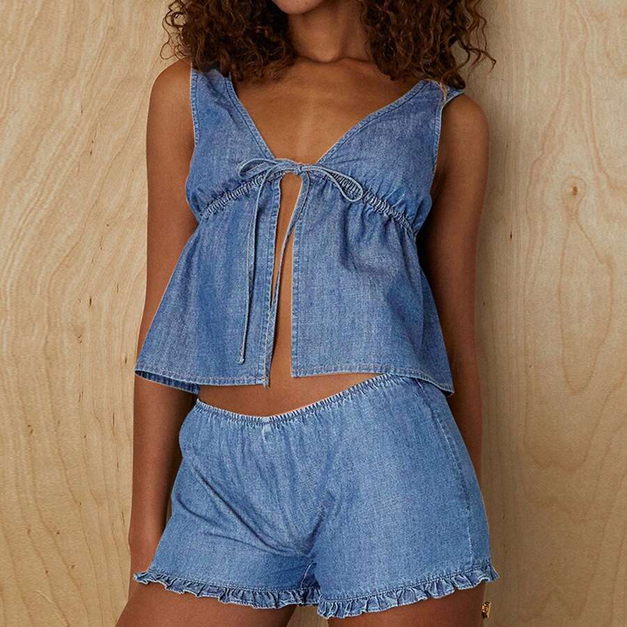 Women's 2 Piece Denim Outfits Deep V Neck Tie Front Sleeveless Tank Tops Elastic Waist Ruffle Hem Shorts Y2k Two Piece Jeans Set Summer Vacation Outfits - 淺藍色 - 查看 1