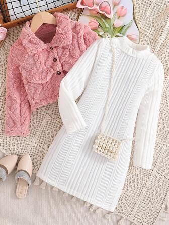 2 st småbarnsflickor höst/vinter casual utilitaristisk stil fleecejacka + enfärgad elegant A-linjeklänning set, vardagsoutfit