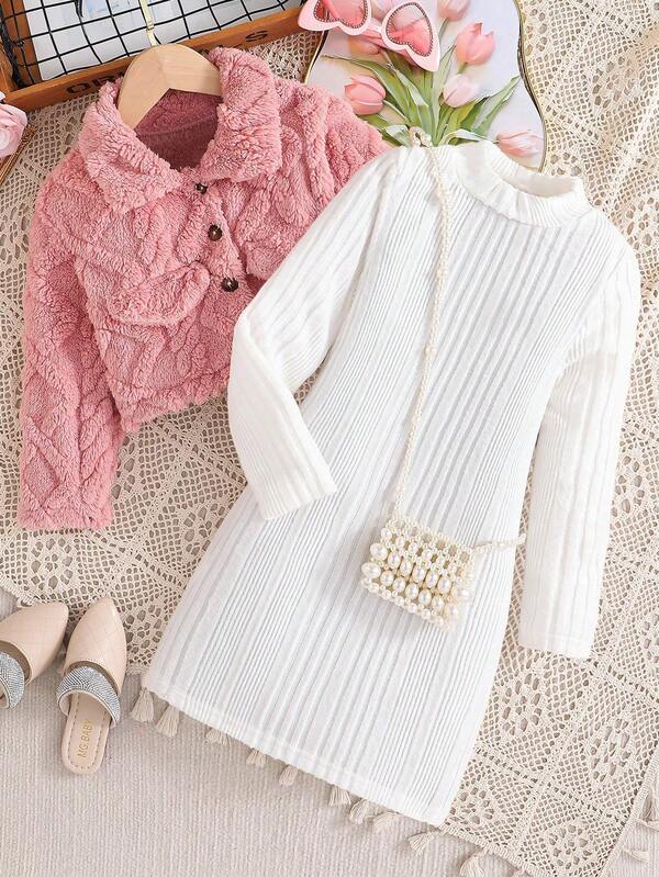 Conjunto de 2 peças de jaqueta de lã estilo utilitário casual outono/inverno para meninas + vestido elegante em linha A de cor sólida, roupa diária