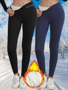 Colanți skinny cu talie înaltă și căptușeală termică pentru femei, 2 buc., de iarnă, casual, pentru exterior, bleumarin și negru, din fleece
