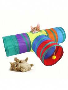 Túnel plegable para gatos, túnel de combinación de 4 vías arcoíris para gatos y conejos, tubo plegable para interiores/exteriores, fácil de transportar - Multicolor - Ver 5