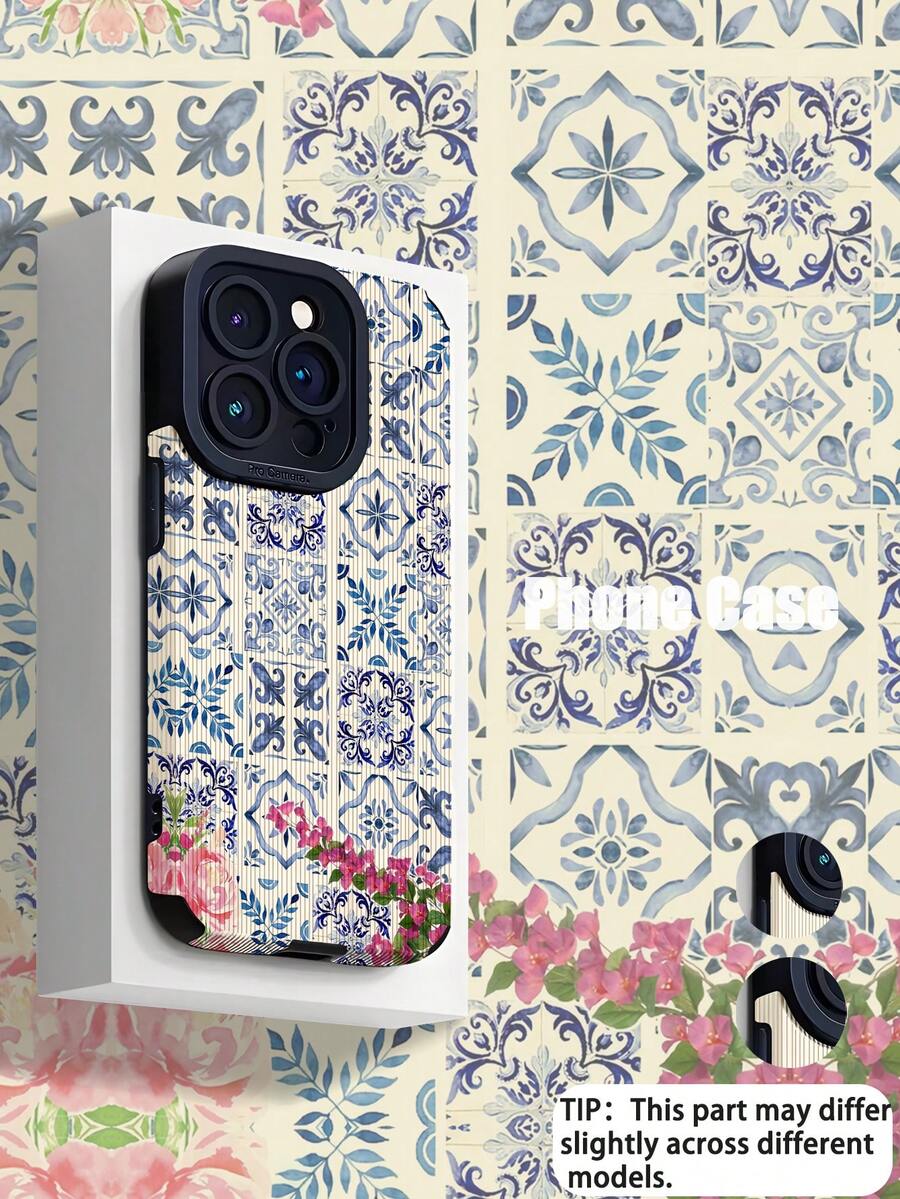 1 件复古蓝色花卉图案垂直仿皮软保护手机壳适用于 Apple 和 15/15PLUS/15PRO/15PROMAX 防水防震防摔防刮 - 彩色 - 查看 1