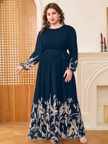 DEARCASE Plus Size Elegant Floral Print Balloon Sleeve A-Line Dress