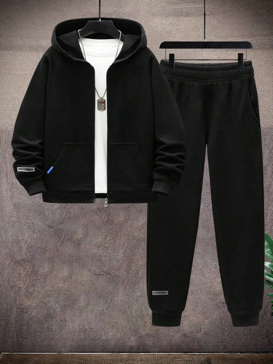 2pcs/Set Boys & Teens' Casual Minimalist Hooded Jacket And Drawstring Sweatpants Set, Suitable For Spring And Autumn