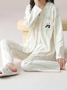[PONX]2pcs Panda Print Striped Women Cardigan Pajama Set, Long Sleeve Soft Homewear For Spring & Autumn - Multicolor - View 3