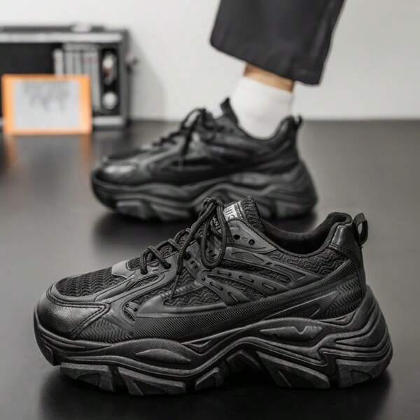 2025 New Autumn Men's Mesh Breathable Chunky Sneakers, Pure White Thick Sole Elevator Sports Shoes For Teenagers, Running White Shoes